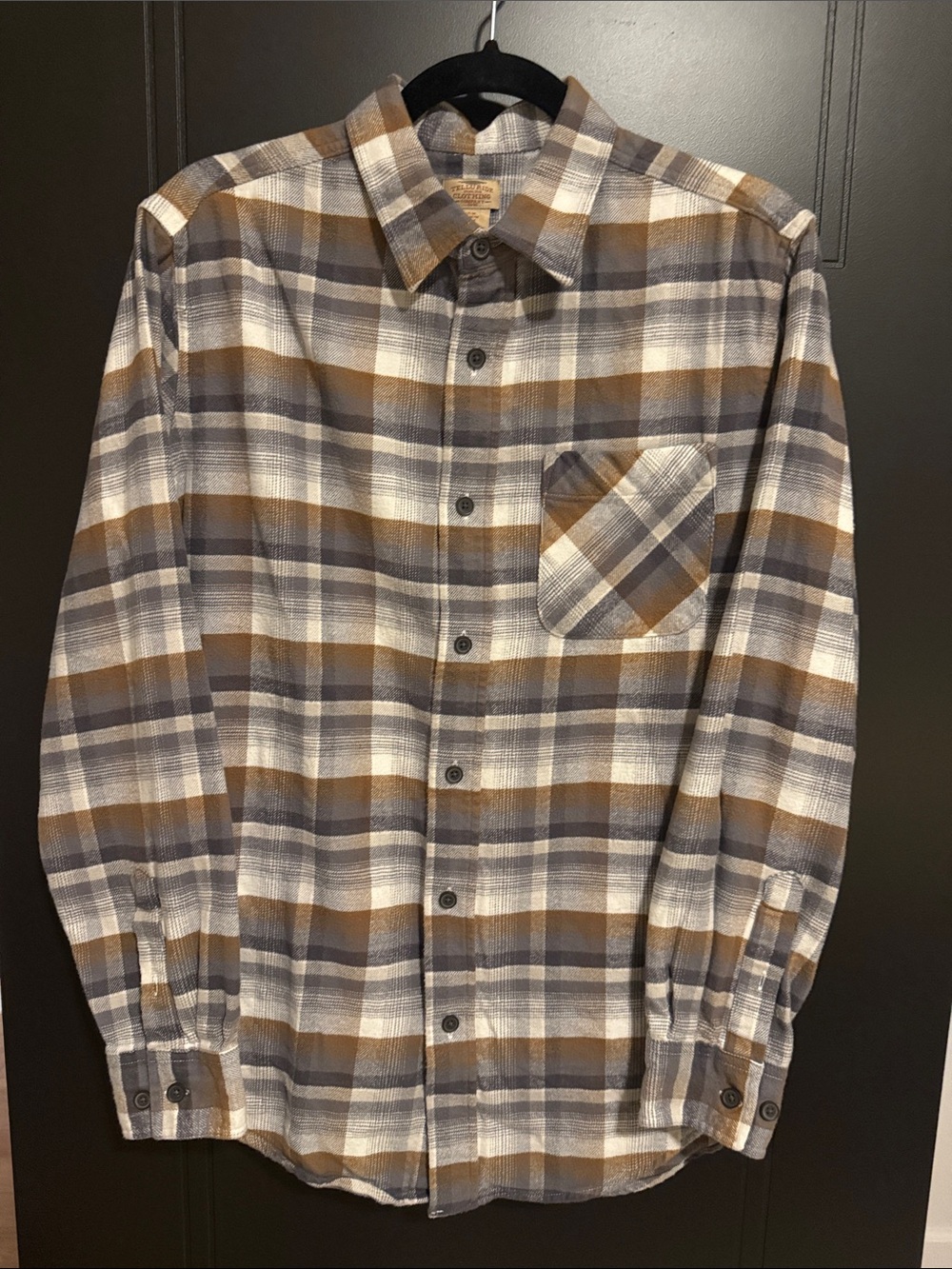 Men's Plaid Button-Down Shirt in Brown and Gray flannel